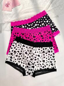 PetitDoll 3pcs/Pack Plus Size Contrast Lace Heart Print Panties - Multicolor - View 1