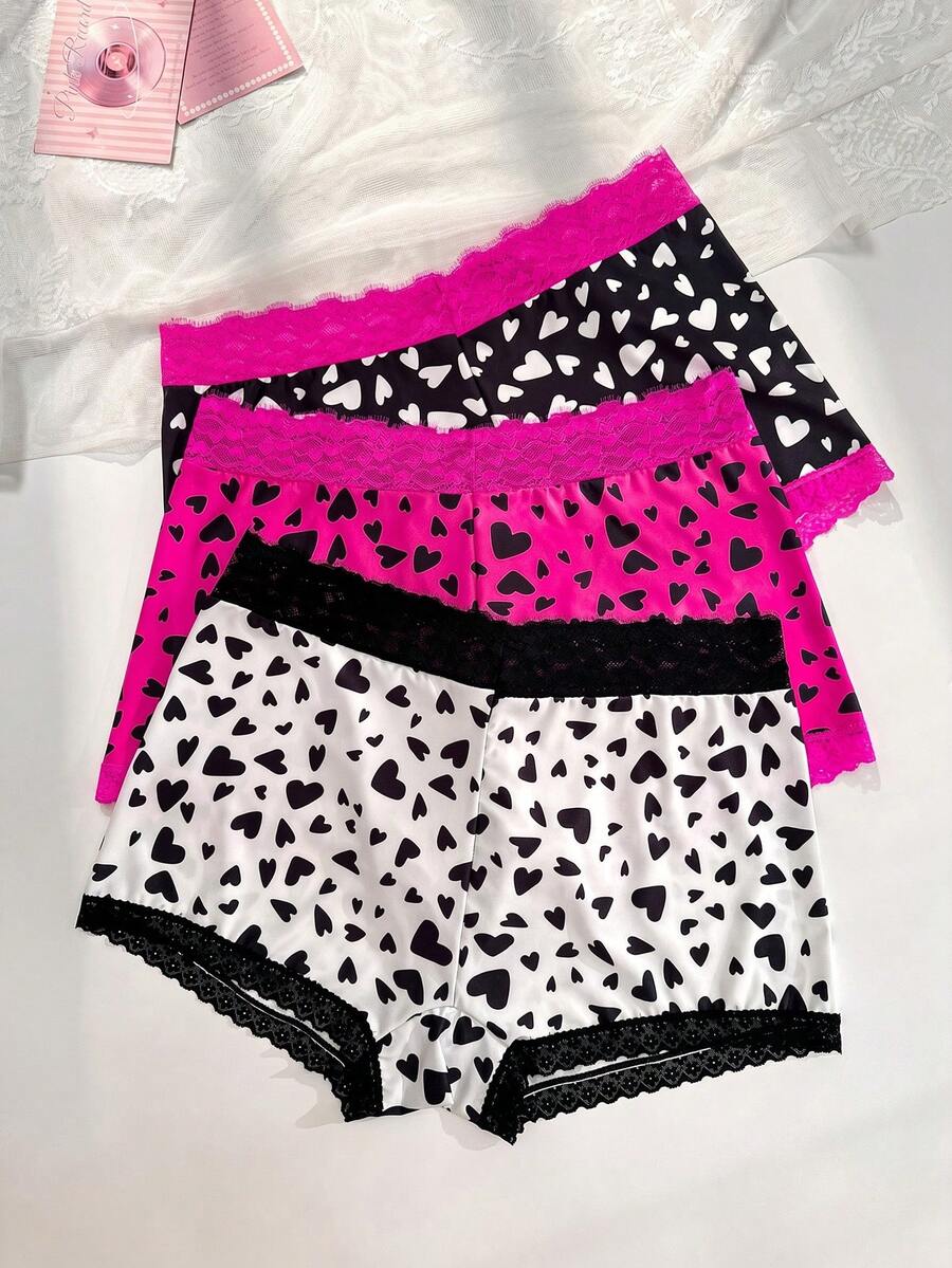 PetitDoll 3pcs/Pack Plus Size Contrast Lace Heart Print Panties - Multicolor - View 1