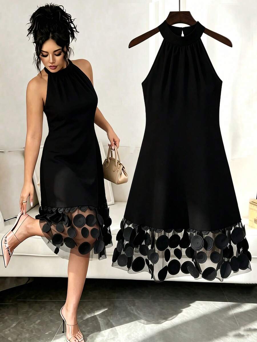 GlowEve CURVE Plus Size High-End Elegant Patchwork 3D Mesh Dress - Black - View 1