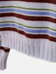 Nöista Multistripe Knit Cardigan In Blue, Burgundy And Olive With Collar And Asymmetric Buttons. Office, Everyday, College. Fall, Fall Winter Travels. - Blue - View 12
