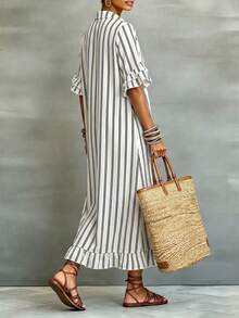 Linhara CURVE Plus-Size Lady's Elegant And Casual Striped Printed Long Dress. Suitable For Holidays, Commutes, Parties And Other Occasions Fall - Black and White - View 2