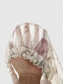 ROMWE Avant Gaun Pendek Wanita Motif Bunga Romantis Murni Chiffon dengan Hiasan Ruffle di Bagian Bawah dan Leher V, Lengan Lentera - Hijau - View 5