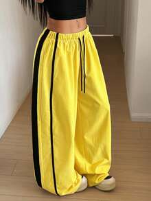 Maweii Plus Size Women's Drawstring Waist Colorblock Casual Versatile Daily Wear Wide Leg Pants - Yellow - View 3