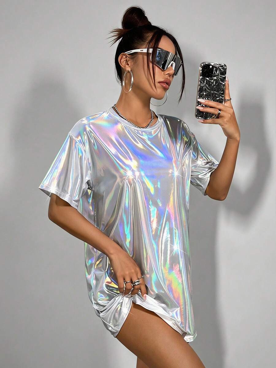 SHEIN ICON Vestido Camiseta Con Revestimiento Polarizado De Gran Tamaño - Blanco - Ver 1