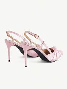 CUCCOO CHICEST French Pink Satin Pointed Stiletto High Heels, Slingback Word With Temperament Shoes, High Heel Bridesmaid Shoes - Pink - View 6