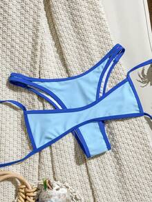 Bonvoyette 2pcs/Set Sexy Modest Casual Royal Blue Women's Swimwear Set, No Padding, Double Shoulder Straps, Back Tie, Summer Beach Pool Party Vacation - Blue - View 5
