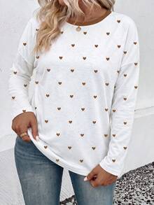SHEIN LUNE Fashion Casual Basic Round Neck Colorblock Heart Pattern Print Plus Size T-Shirt Fall - Multicolor - View 5