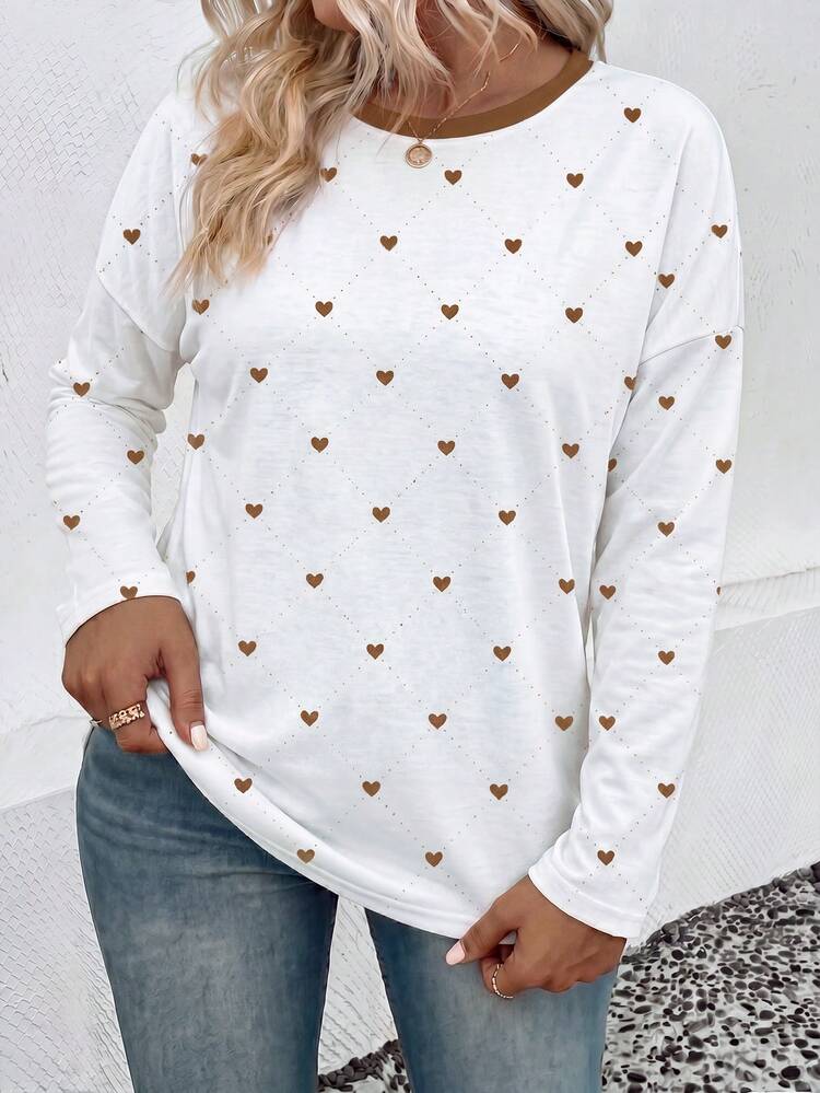 SHEIN LUNE تي شيرت كاجوال عصري أساسي بياقة دائرية وطبعة قلب ملونة مقسمة الألوان مقاس كبير للخريف - متعدد الألوان - مشاهدة 5