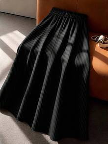 GlowEve CURVE Plus Size Women's Striped Pleated Casual Versatile Daily Wear Skirt - Black - View 2