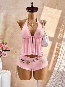 Bellisia 26SS Primavera/Verano Traje de baño Tankini con pedrería y estampado floral negro para vacaciones en la playa (Top & Bottom) - Rosa Pálido - Ver 1