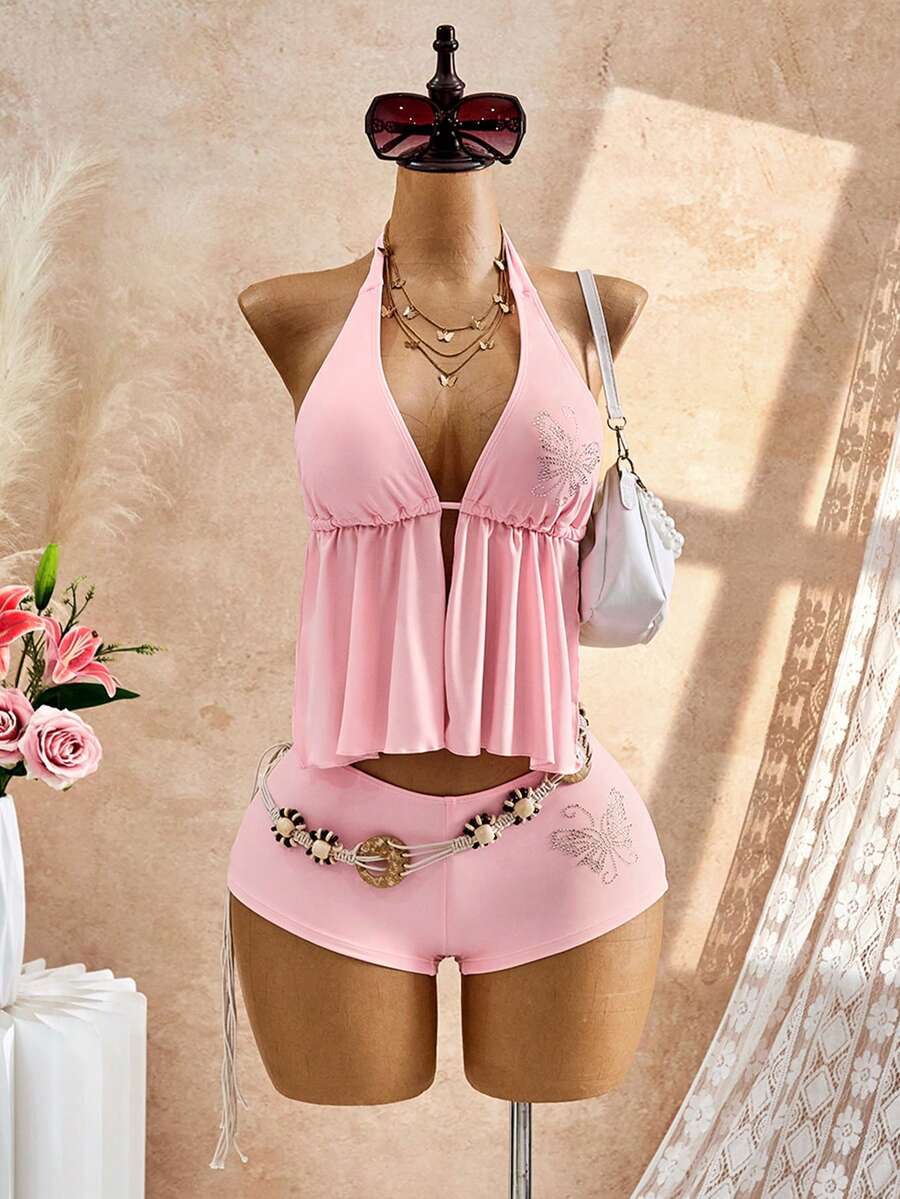 Bellisia 26SS Primavera/Verano Traje de baño Tankini con pedrería y estampado floral negro para vacaciones en la playa (Top & Bottom) - Rosa Pálido - Ver 1