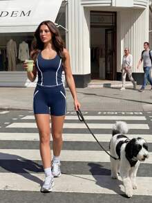 SHEIN Dewbera Women's 2-Piece Sporty Casual Set, Blue & White Colorblock Slim Fit Split Line Racerback Tank Top And Tight Butt-Lifting Curved Back Shorts - Navy Blue - View 9