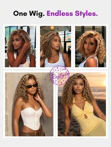 ALL READY WIG 7x5 Bye-Bye Slip 蕾絲蜂蜜金挑染豐盈捲髮波波頭假髮，預剪預漂預拔，免膠水即戴，輕鬆造型，100% 真人髮混色透明蕾絲，新手友善 - S4/27 - 查看 4