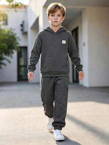 SHEIN 青少年男孩休閒圖案連帽衫與長褲2件套，適合通勤、上學、日常休閒穿著、外出、運動，秋冬款 - 灰色 - 查看 3