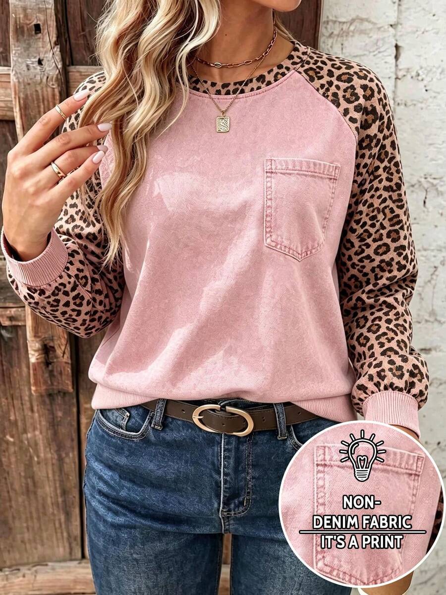 SHEIN LUNE Women's Plus Size Raglan Sleeve Regular Sweatshirt, Classic Leopard Print Pattern, Pink Sweatshirt, Vintage Pattern, Casual Daily Wear, Vacation, Commute, Autumn/Winter - Multicolor - View 1