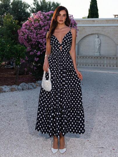Bris Aura Vestido holgado de verano con estampado de lunares, tirantes finos, bajo de parche, para mujer, estilo vacacional