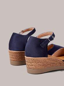 Styleloop Bohemian Straw Hemp Rope Wedge Heel Pointed Toe Sandals Retro Platform Button High Heel Roman Women's Sandals Summer - dark blue - View 4