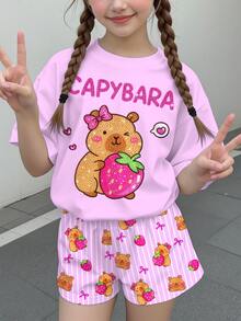 少女休閒極簡可愛亮面紋理水豚圖案，奶油粉色，短袖上衣與短褲兩件套，適合夏季，日系可愛，女孩套裝，Y2K，舒適，開學季，度假 - 彩色 - 查看 2