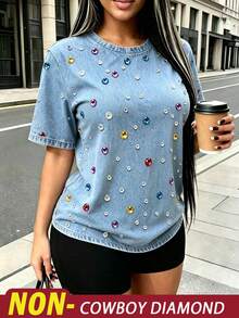 Rovax 女款牛仔效果水鑽印花圓領短袖T恤 - 彩色 - 查看 1
