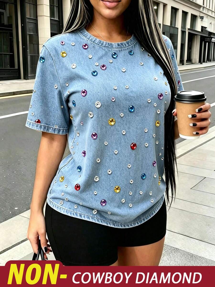 Rovax 女款牛仔效果水鑽印花圓領短袖T恤 - 彩色 - 查看 1