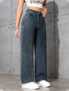 SHEIN ICON Women's Casual Versatile Denim Long Pants With Pockets And Buttons For Daily Wear - Royal Blue - View 5