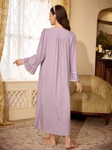 PalaceNights Royal Style Heavy Embroidery Fabric V-Neck Lace Trim Long Sleeve Loose Maternity Nightgown - Mauve Purple - View 2