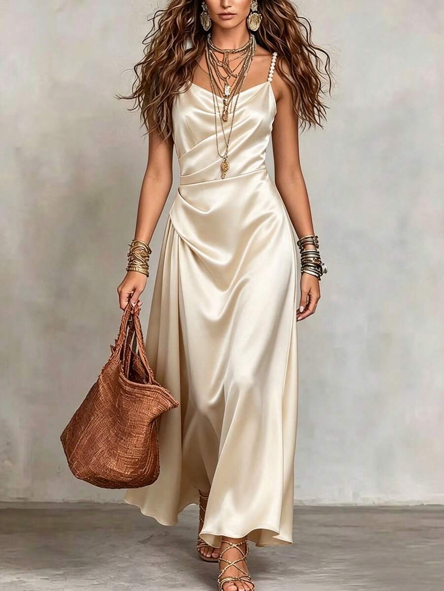 Franclia New Rhinestone Decor Spaghetti Strap Slim Fit Dress For Women, Spring/Summer - Apricot - View 1