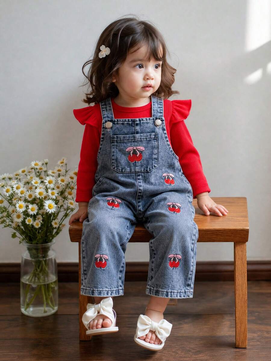 SHEIN Playful Pals Baby Girls 2 Piece Set Autumn Red Long Sleeve Rib Knit Ruffle Top With Cherry Embroidered Denim Overalls Jumpsuit Cute Toddler Infant Fall Clothing - Purple - View 1