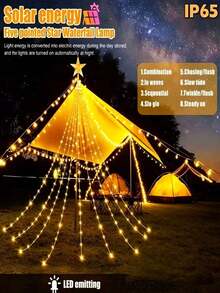 Solar Weihnachtsdekoration Lichter, 200/290 LED Wasserfall Lichterkette mit Stern Baumspitze, 8 Modi IP65 wasserdicht für Innen- und Außenbereich - für Garten, Party, Zuhause, Feiertage (Warmweiß/Mehrfarbig) - Solar Led String Light - Übersicht 5