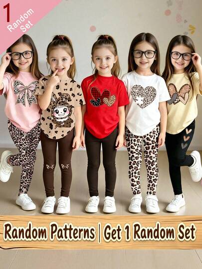 Bộ áo thun tay ngắn cơ bản và quần legging cho bé gái, họa tiết hoạt hình tươi mới in báo, thỏ, trái tim và hình ghép, phong cách thời trang, mặc hàng ngày (1 set họa tiết ngẫu nhiên)