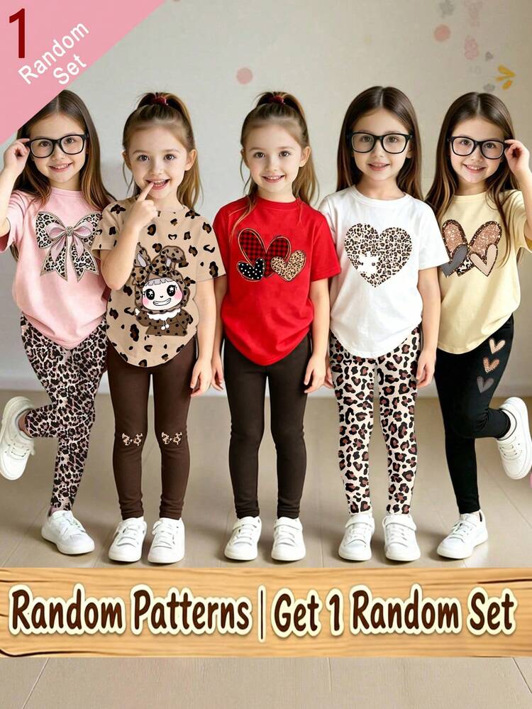 (Random Pattern, 1 Set Random) Girls' Fashion Fresh Cartoon Leopard Print Bunny Heart Puzzle Graphic Basic Short Sleeve T-Shirt And Leggings Set, Daily Wear - Multicolor - View 1