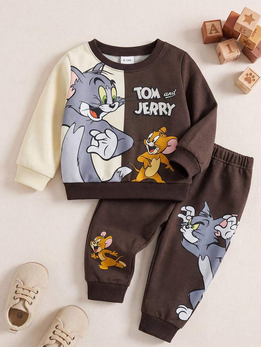 TOM & JERRY X SHEIN Bộ 2 món/bộ áo nỉ và quần in hình mèo và chuột hoạt hình màu tương phản cho bé trai, phù hợp cho mùa thu/đông - màu nâu - Xem 1