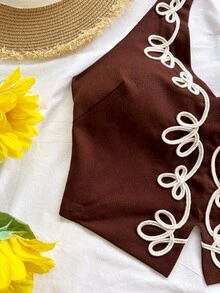 Soleia 女款花卉刺繡後綁帶掛脖蝴蝶結抓皺短版背心，音樂祭穿搭 - 咖啡棕 - 查看 4