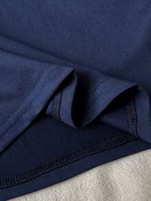 SHEIN 青少年女孩深藍色V領抓褶蕾絲拼接長袖T恤，兒童，日常，極簡，休閒優雅 - 藏蓝色 - 查看 6
