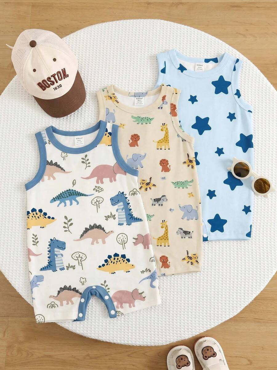 Unisex Newborn Baby Boy/Girl 3pcs Spring/Summer Casual Cute Lion Pattern Sleeveless Romper Shorts Set, Baby Rompers, Outfits, Baby Summer Clothes - Multicolor - View 1