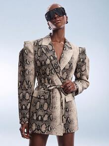 Aveloria GENKIRA Spring/Summer/Autumn Transitional Coffee-Tone Python Animal Print Oversized Wide 3D Cut Minimalist Design Cinched Waist With Adjustable Tie Belt Casual Commute Mix & Match Versatile Women's Blazer Y2K Futuristic Minimalist Punk Modern Avant-Garde Retro - Multicolor - View 5