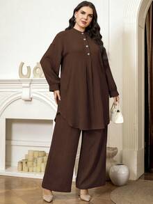 Veilorie Plus Size Women Solid Color Button Half-Placket Long Sleeve Shirt And Pants Casual 2-Piece Set Fall - Coffee Brown - View 8