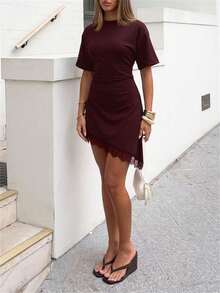 Aloruh Women's Elegant Round Neck Asymmetrical Hem Lace Patchwork Cinched Waist Short Sleeve Mini Dress Date Night Holiday Evening Night Out Burgundy Summer - Burgundy - View 2