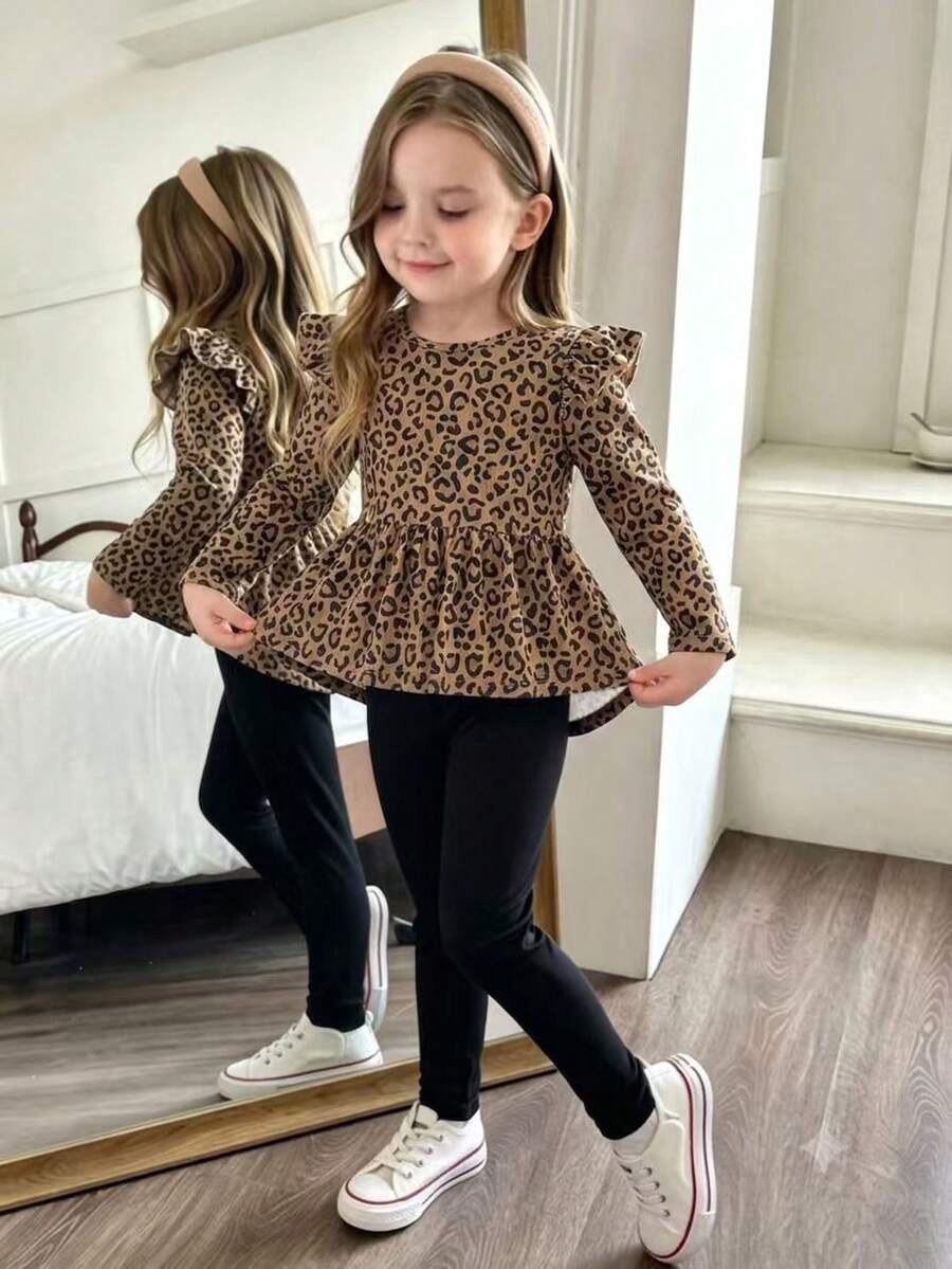 Elladie kids 女童 2 件套愛心印花荷葉邊長袖 T 恤與內搭褲，春/秋季