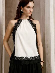 SHEIN Sexy Elegant Lace Trim Contrast Color Spaghetti Strap Camisole Top For Women Brunch Night Out Black And White Summer - Black and White - View 6