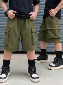 Tween Boys' Casual Everyday Comfortable Patch Pocket Loose Solid Woven Shorts - Army Green - View 3