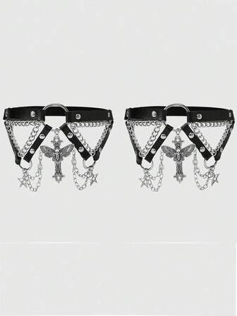 2pcs Women's Black Crystal Spider Accessory Chain Decor Gothic Leg Garter Shorts, Versatile For Halloween & Daily Wear