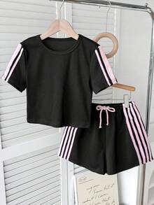 SHEIN 青少年女孩休閒對比黑健身夏季T恤套裝 - 黑色 - 查看 4