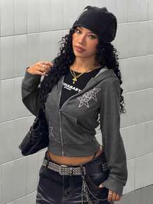StreetHx Women's American Vintage Grey Leopard & Star Print Hooded Sweatshirt Jacket, Niche Design - Dark Grey - View 3