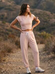 WanderVale Women's Solid Color Pleated Cap Sleeve Top And Drawstring Waist Long Pants Outdoor Set - Coral Pink - View 3