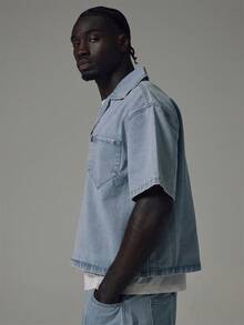 Musero Cropped Boxy Denim Shirt Patch Pocket Revere Shirt Style Spring Summer Essentials - Blue - View 4