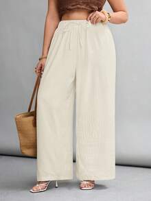 SHEIN PETITE CURVE 大尺碼全鬆緊腰休閒長褲 - 米色 - View 4