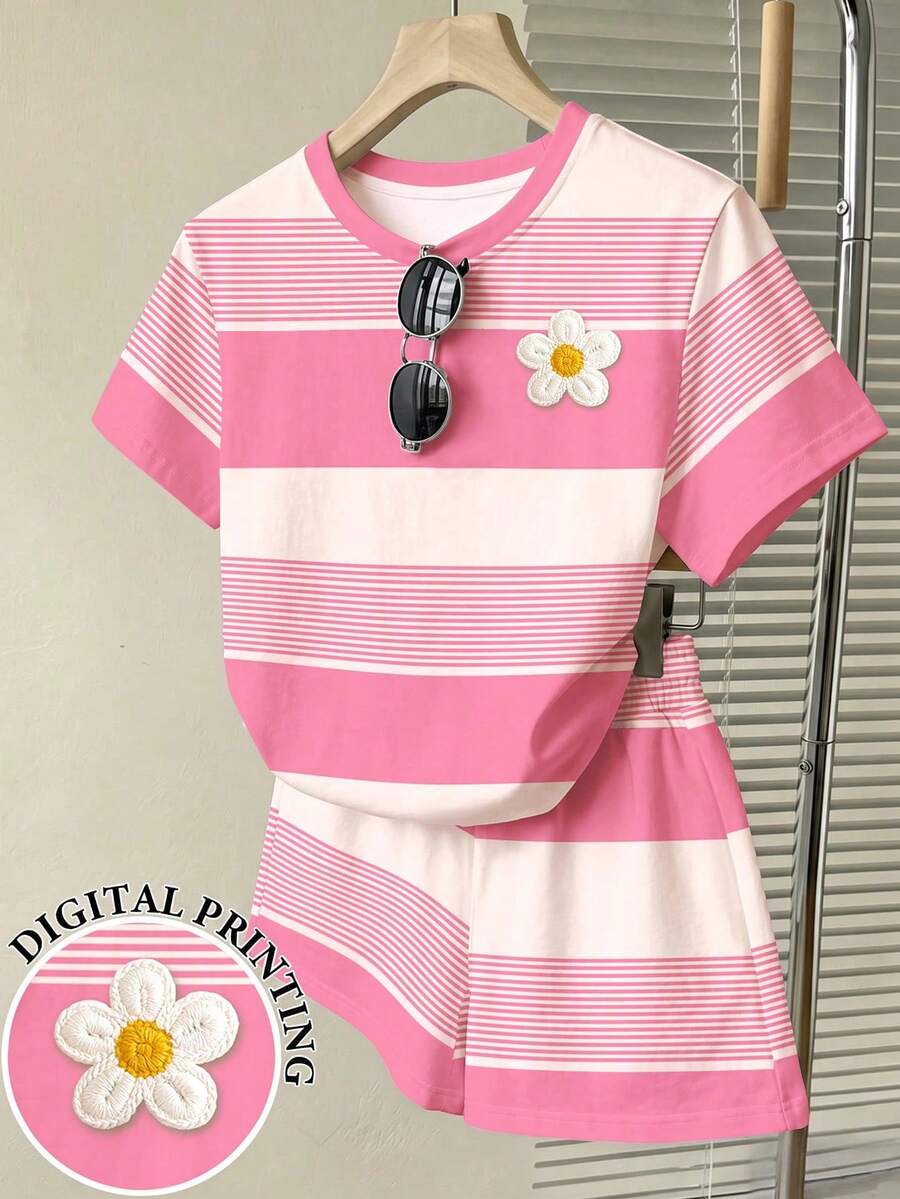 少女休閒舒適粉色條紋3D花卉圖案寬鬆圓領T恤與寬鬆短褲2件套,適合日常穿著、外出、學校、返校季,甜美少女風,慵懶隨性 - 彩色 - 查看 1