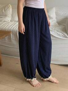 Dazy Plus Elastic Waist Polka Dot Loose Lantern Pants Cute Frill Trim Cuffed Bottom Spring Autumn Pajama Bottoms - Navy Blue - View 4