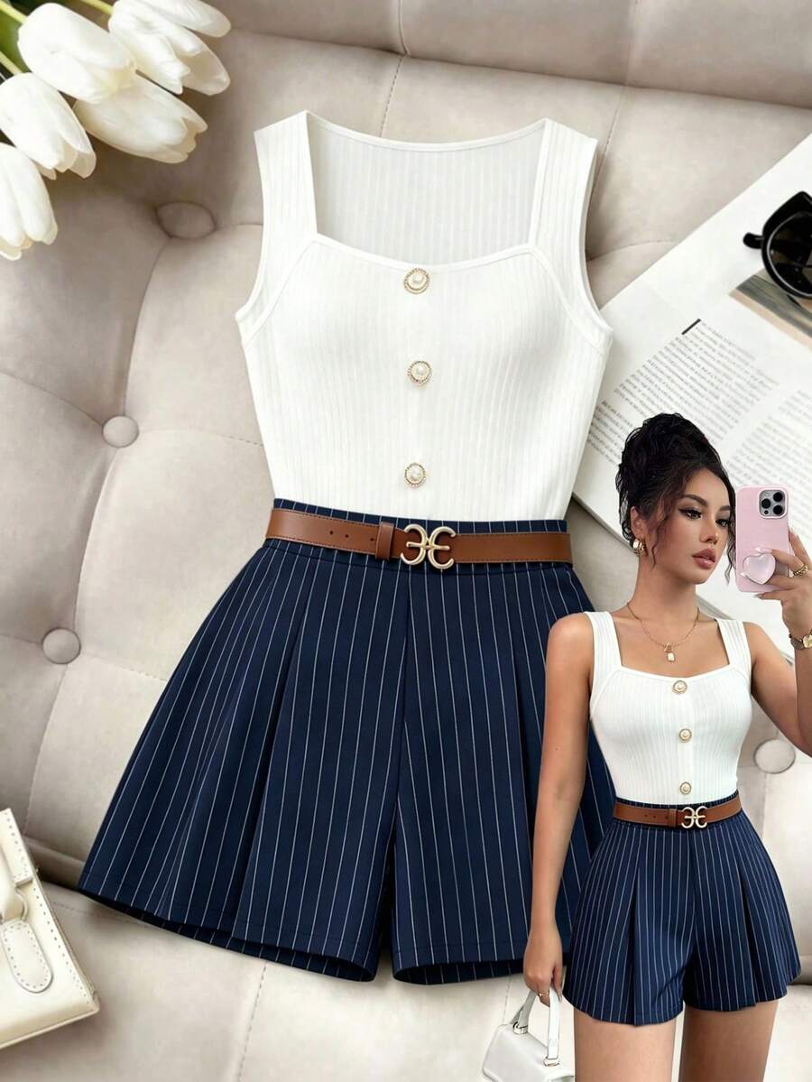 Elenzga Summer New Daily Versatile Set Square Neck Ribbed Tank Top Ribbed High Waist Slimming Shorts Women 2pcs Set - Multicolor - View 1